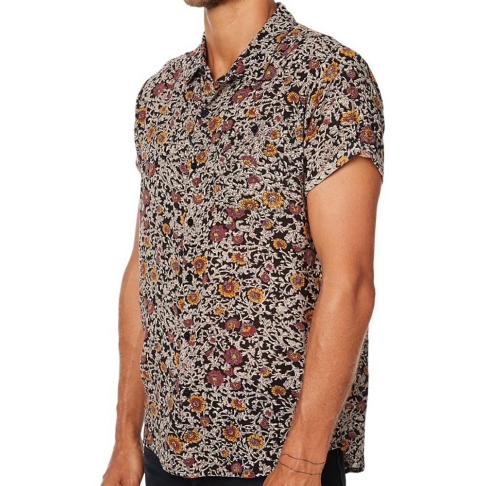 ROLLA’S Men’s Black Floral Short Sleeve Roll Cuff Shirt L